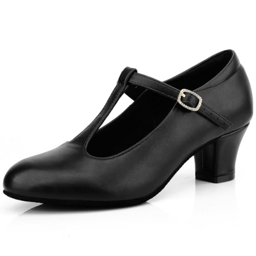 Sogebo Women's T-Strap Character Shoes Latin Ballroom Dance Heels Black Wedding Pumps, Black 5 M US - Image 1