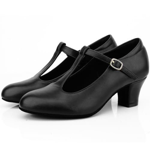 Sogebo Women's T-Strap Character Shoes Latin Ballroom Dance Heels Black Wedding Pumps, Black 5 M US - Image 2
