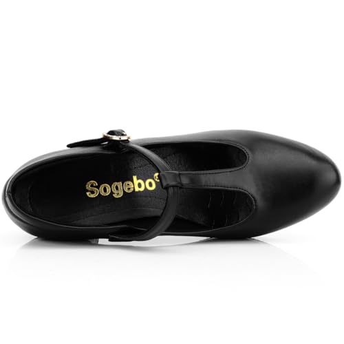 Sogebo Women's T-Strap Character Shoes Latin Ballroom Dance Heels Black Wedding Pumps, Black 5 M US - Image 3