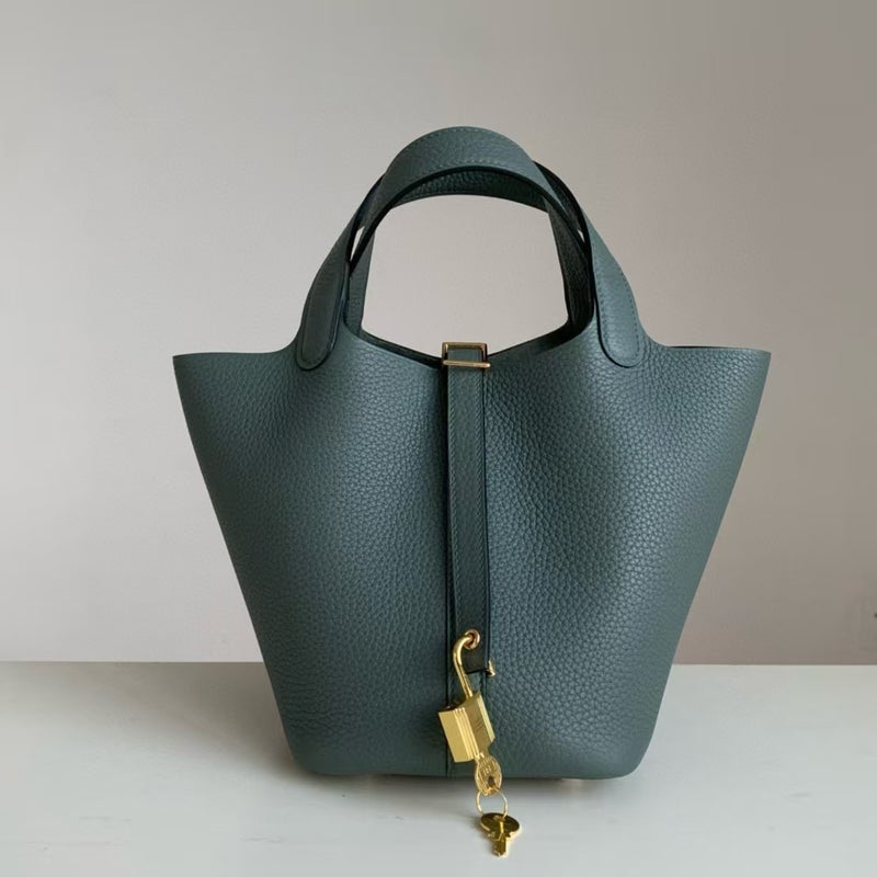 18cm Wax Line Hand Sewed TC Top Layer Cowhide Vegetable Basket Bag Bucket Bag Genuine Leather Womens Bag Handbag Almond green 
