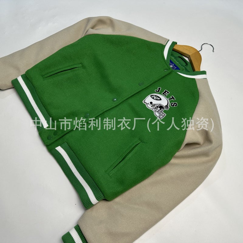 Classic American Football Jersey Bomber Jacket Men Patchwork Short Coat - Image 3
