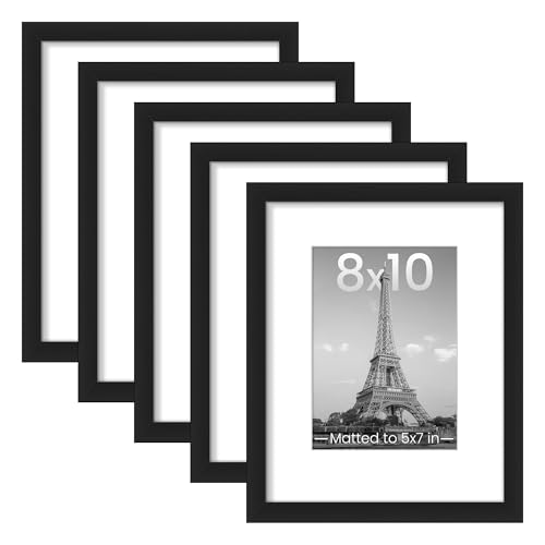 upsimples 8x10 Picture Frame Set of 5 Display Pictures 5x7 with Mat or 8 x 10 Without Wall Gallery Photo Frames Black