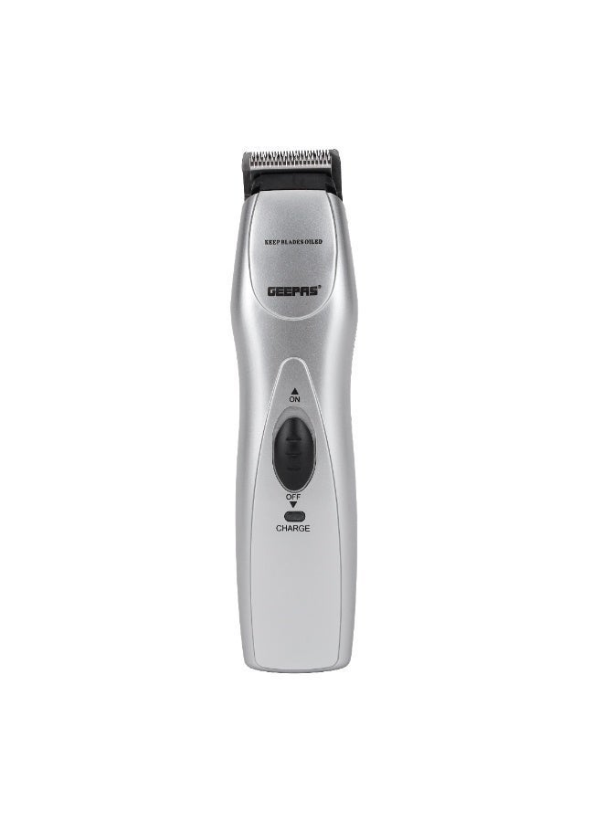 Geepas Rechargeable Men’s Trimmer – 90 Min Runtime Lithium Battery, Sharp Stainless Steel Blades & 4 Guide Combs for Beard & Hair Styling – Ergonomic Design, Silver, 2-Year Warranty - Image 1