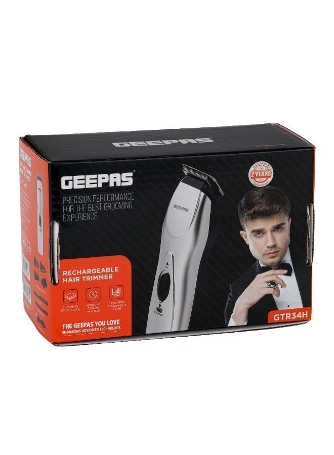 Geepas Rechargeable Men’s Trimmer – 90 Min Runtime Lithium Battery, Sharp Stainless Steel Blades & 4 Guide Combs for Beard & Hair Styling – Ergonomic Design, Silver, 2-Year Warranty - Image 3