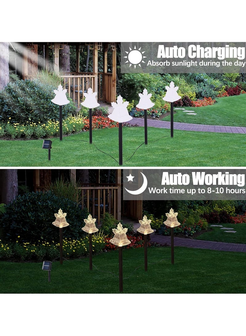 AUTOYSUR 5 عبوة أضواء عيد الميلاد الشمسية الخارجية IP65 مقاومة للماء أضواء LED خرافية، زينة عيد الميلاد، أضواء الرنة، أضواء شجرة عيد الميلاد، أجراس سانتا، عصي ضوء للحديقة، الفناء، الزفاف (5 قطع - أبيض دافئ - نجمة - جرس) - Image 5