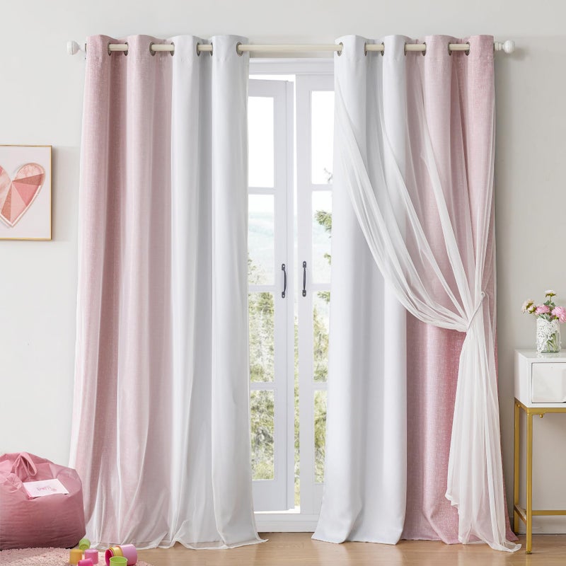 Geomoroccan 100% Blackout Curtains with Sheer Overlay Mix and Match Double Layer Drapes 84 Inch Long 2 Panels for Girls Bedroom Living Room Pink White Ombre Grommet Window Treatment with Tiebacks - Image 1
