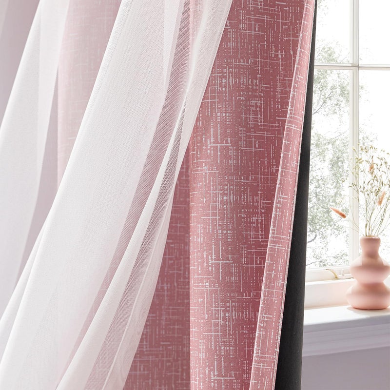 Geomoroccan 100% Blackout Curtains with Sheer Overlay Mix and Match Double Layer Drapes 84 Inch Long 2 Panels for Girls Bedroom Living Room Pink White Ombre Grommet Window Treatment with Tiebacks - Image 3