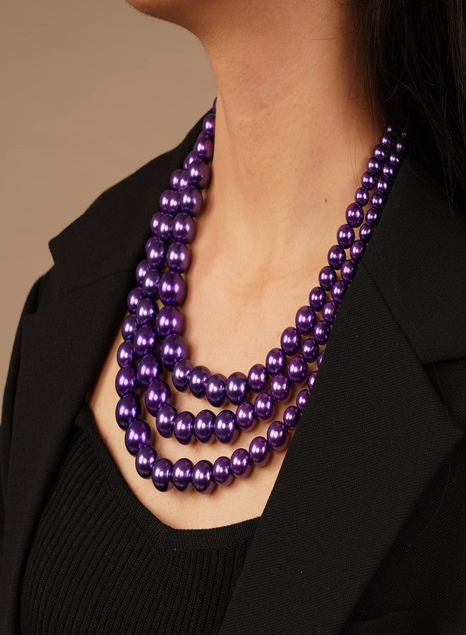 YERTTER Vintage 1920s Large Purple Pearl Collar Choker Necklace Earrings Set Simulated Pearl Statement Necklace Multi Strand Pearl Necklace Costume Jewelry Chunky Pearls Necklaces for Women Wedding Jewelry (Purple) - Image 3