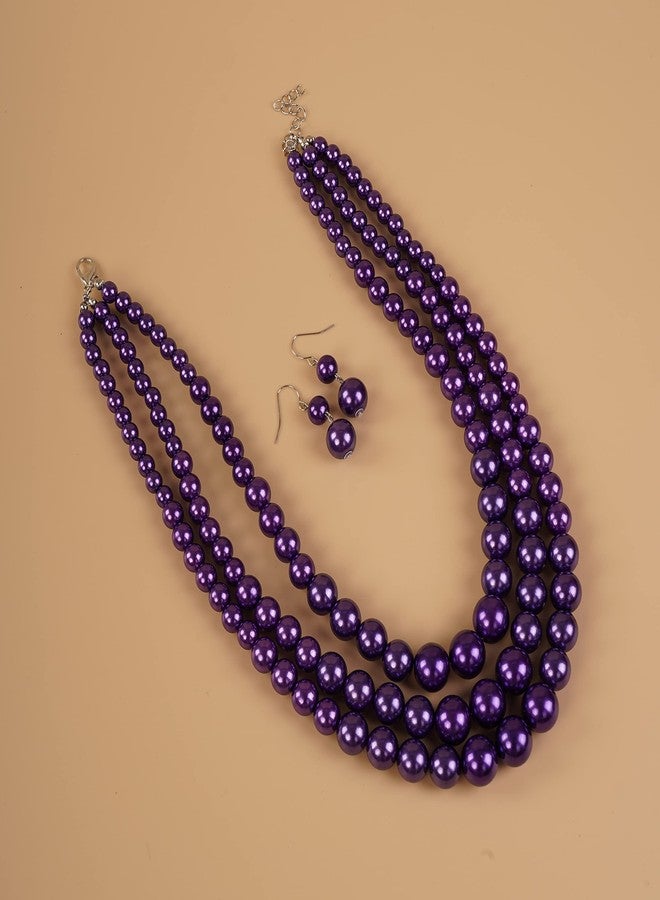 YERTTER Vintage 1920s Large Purple Pearl Collar Choker Necklace Earrings Set Simulated Pearl Statement Necklace Multi Strand Pearl Necklace Costume Jewelry Chunky Pearls Necklaces for Women Wedding Jewelry (Purple) - Image 5