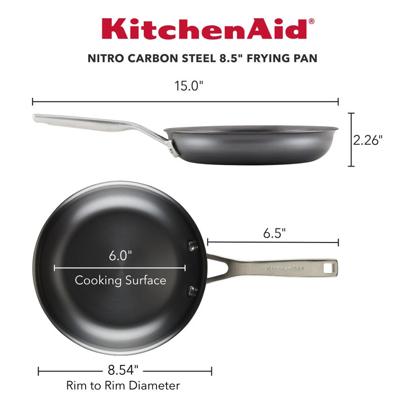 KitchenAid NITRO Carbon Steel Frying Pan/Skillet, Stainless Steel Handle, Compatible with All Cooktops, 8.5 Inch Open Fry Pan - Black - Image 2