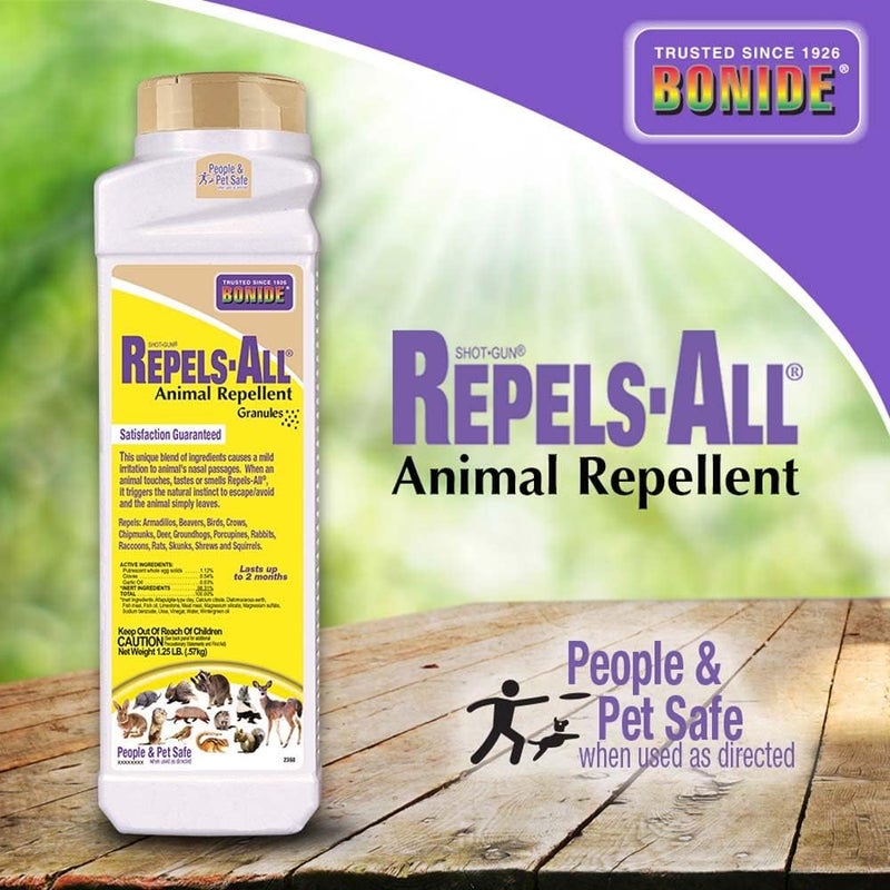 Bonide Repels-All Animal Repellent Granules, 1.25 lbs. Ready-to-Use Pellets Deter Pests from Lawn & Garden, Long Lasting Control - Image 1
