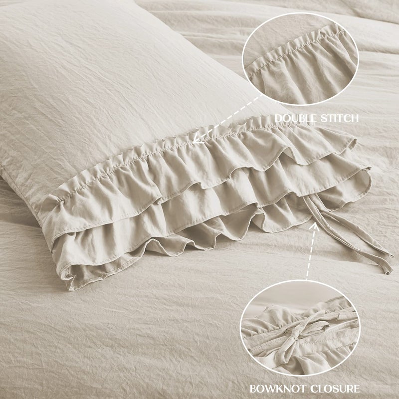 Hi -G HIG 3 Piece Farmhouse Ruffled Duvet Cover Set King, Camel Vintage Duvet Cover with 2 Rows of Handmade Ruffle, Solid Washed Microfiber Bedding Cover for Bedroom - 1 Duvet Cover, 2 Shams (HANS) - Image 3