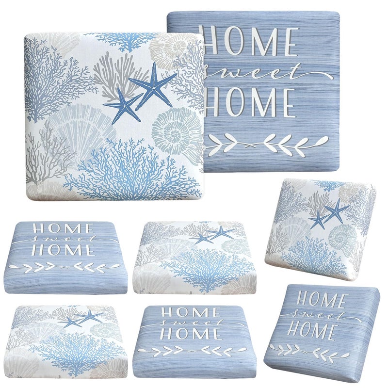 BBSET 8 Pcs Patio Sofa Cushion Cover Blue Sea Outdoor Stretch Sofa Seat Cushions Cover Coastal Beach Replacement Couch Chair Slipcover Flexibility (Sea) - Image 1