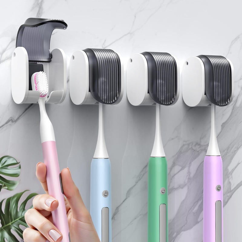 LUWUIDEN 4 Pcs Toothbrush Holders Wall Mounted, Single Slot Design, Shower Self Adhesive Wall Mounted Toothbrush Holder with Cover, Waterproof and Dustproof, Suitable for Bathroom, Family, Travel (Grey) - Image 1