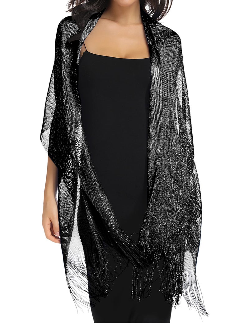 Rheane Shawl Wrap for Women shawls and wraps for evening dresses Black Wedding Guest Dress Formal Wear Silver Wraps Fall Sheer 2023 Dressy Trendy Scarf (Black with Silver Glitter) - Image 3