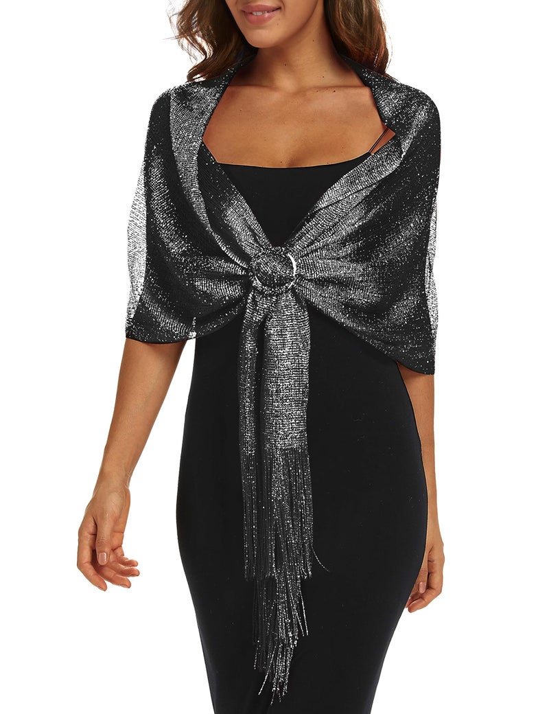 Rheane Shawl Wrap for Women shawls and wraps for evening dresses Black Wedding Guest Dress Formal Wear Silver Wraps Fall Sheer 2023 Dressy Trendy Scarf (Black with Silver Glitter) - Image 1