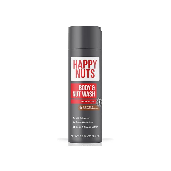 HAPPY NUTS Big Wood Body and Nut Wash - Moisturizing Men's Shower Gel, Natural Bodywash with Deep Cleanse for Sensitive Skin - Men's Body Soap (8.5 Fl Oz (Pack of 1), Big Wood)