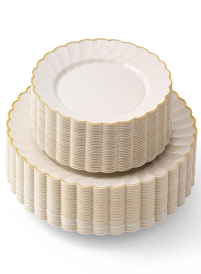 By Madee PREMIUM 60 Pc Ivory Scalloped Plastic Plates with Gold Trim - 30 Dinner & 30 Dessert Nice Plastic Plates for Party - Disposable & Elegant for Wedding, Showers, Special Moments (30 Guests) - Image 1