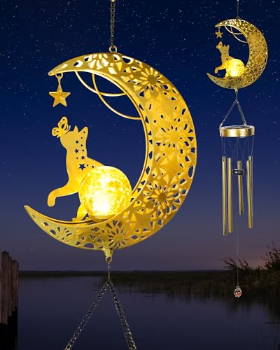 Vuees Solar Garden Outdoor Decor Moon Cat Hanging Wind Chimes Housewarming Ornament for Patio Lawn Yard Pathway Unique Gift Ideas for Gardening Mom Grandma Women - Image 1
