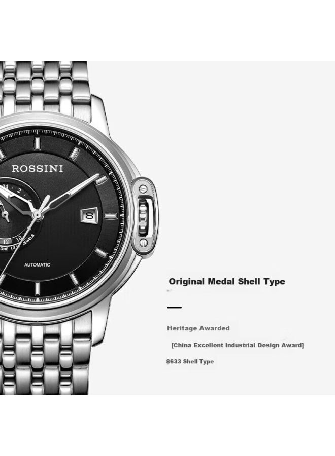 Rossini Men's Mechanical Watch Medal Black Dial Steel Strap Birthday Gift For Boyfriend National Brand Business Calendar 718793 - Image 4