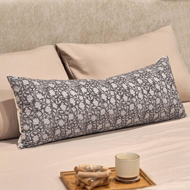 DOMVITUS Floral Pillow Covers, 14x36 Lumbar Pillow Cover, Block Print Pillow Cover, Decorative Neutral Accent Throw Pillow Covers for Bedroom Living Room, 1PC, Taupe - Image 1