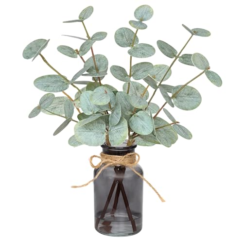 Piklado Artificial Eucalyptus Stems in Vase with Faux WaterFake Plants for BathroomCoffee TableGreen Leaves for CenterpieceFaux Greenery Plants DecorationsGreenBlack Bottle - Image 1