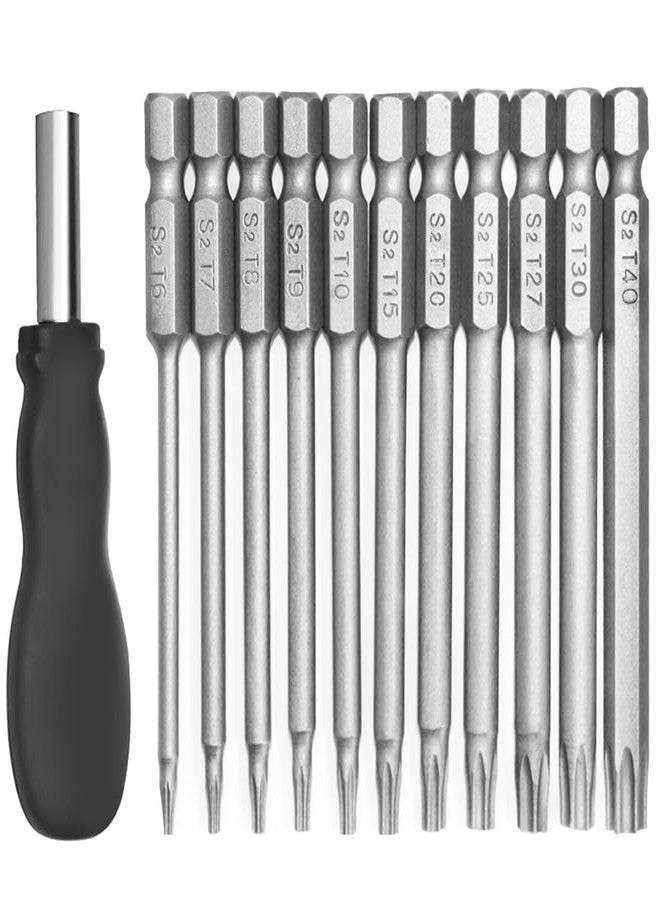 YuCool 11 Pcs Torx Head Screwdriver Bit Set,YuCool 1/4" Hex Shank T5-T40 100mm Length, S2 Steel Magnetic Security Tamper Proof Screwdriver Drill Tool Kit with 1 Manual Handle - Image 1