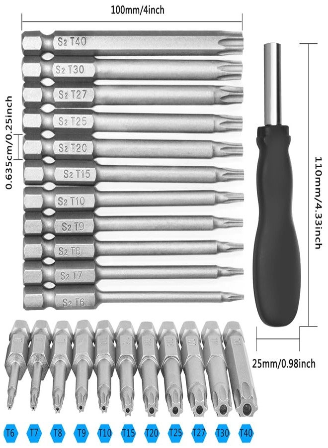 YuCool 11 Pcs Torx Head Screwdriver Bit Set,YuCool 1/4" Hex Shank T5-T40 100mm Length, S2 Steel Magnetic Security Tamper Proof Screwdriver Drill Tool Kit with 1 Manual Handle - Image 2