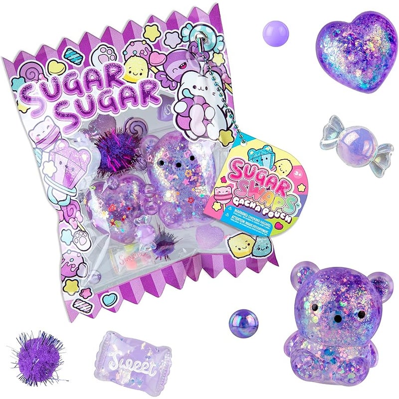 The Orb Factory ORB Sugar Swaps Gacha Pouch Squishy Keychain Charm - Purple Gachapon Style Pouch with Sparkly, Squishy Bear and Heart - Squish, Collect, Trade - Fidget Stress Toys for Kids, Backpacks, Keys, Bags - Image 1
