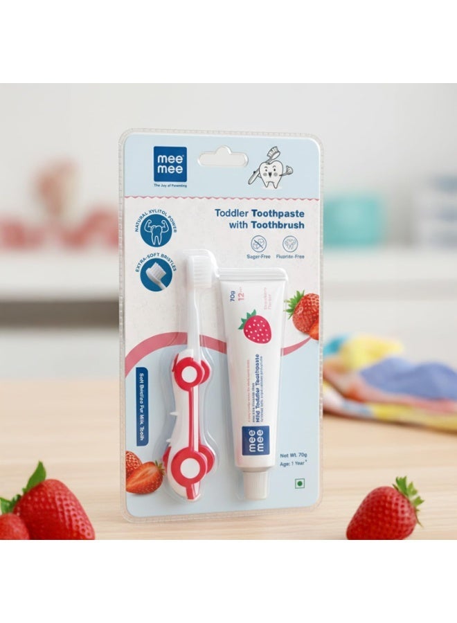 Mee Mee Fluoride-Free Kids Toothpaste for Toddlers with Soft Bristles Toothbrush | Strawberry Flavour | Safe to Swallow | Foldable Car-Shaped Brush | Gentle Oral Care for Children (1+ Years, Red)  70g