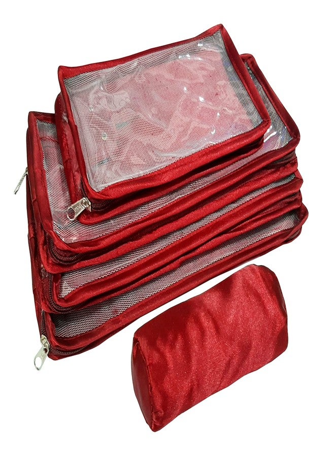 Luces Satin Maroon Make-Up Pouch Jewellery Box 4 Pouch 1 roll Bangle in Cosmetic Bag Necklace Earrings Vanity Jewellery Organiser for Women's - Image 3