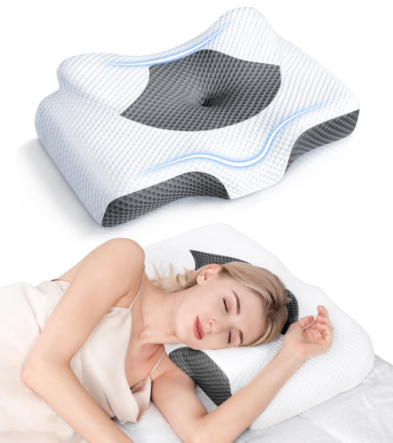 Osteo Cervical Pillow for Neck Pain Relief Hollow Design Odorless Memory Foam Pillows with Cooling Case Adjustable Orthopedic Bed Pillow for Sleeping Support for Side Back Sleepers