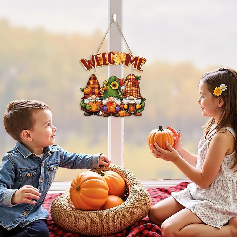 Aurlan Fall Welcome Door Sign,Hello Autumn Gnome Wooden Sign,Rustic Pumpkin Wood Wall Sign,Fall Gnome Wall Decor,Autumn Maple Leaves Door Hanging,Welcome Thanksgiving Decor for Farmhouse Porch Yard Home - Image 3