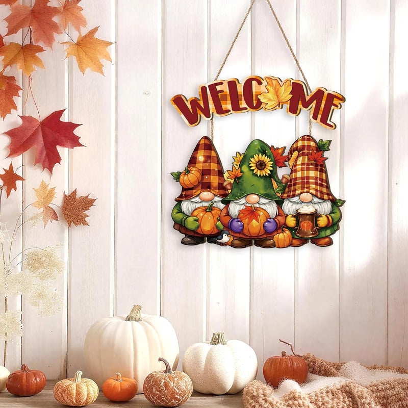 Aurlan Fall Welcome Door Sign,Hello Autumn Gnome Wooden Sign,Rustic Pumpkin Wood Wall Sign,Fall Gnome Wall Decor,Autumn Maple Leaves Door Hanging,Welcome Thanksgiving Decor for Farmhouse Porch Yard Home - Image 2