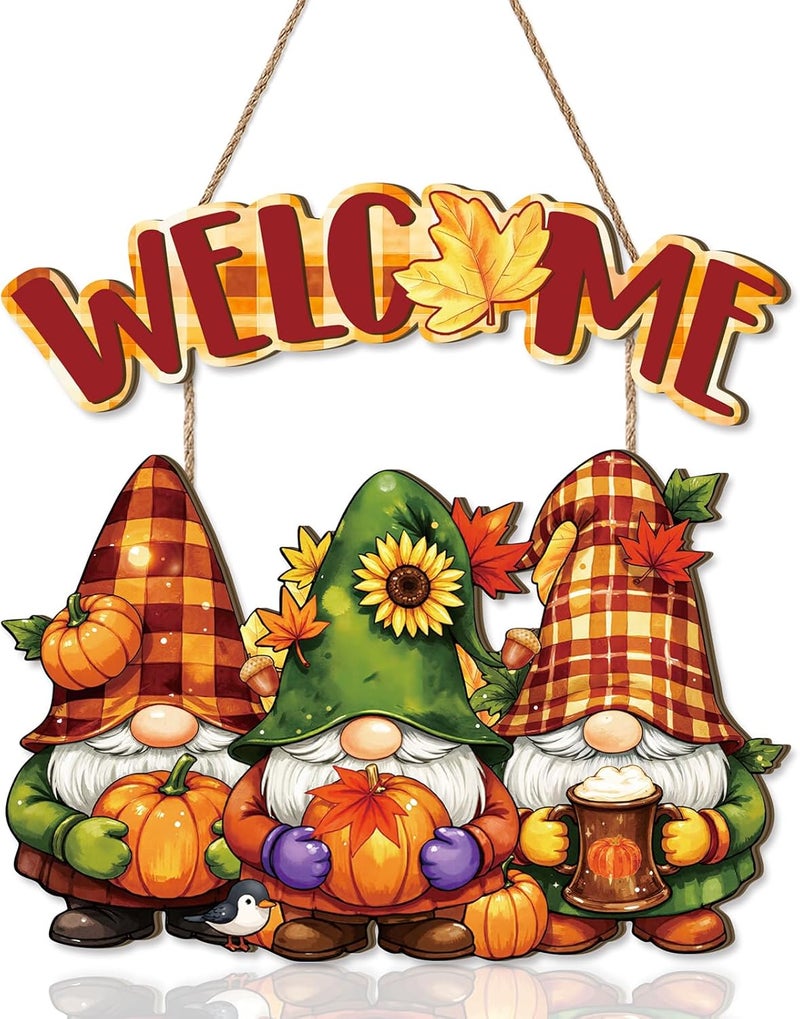 Aurlan Fall Welcome Door Sign,Hello Autumn Gnome Wooden Sign,Rustic Pumpkin Wood Wall Sign,Fall Gnome Wall Decor,Autumn Maple Leaves Door Hanging,Welcome Thanksgiving Decor for Farmhouse Porch Yard Home - Image 1