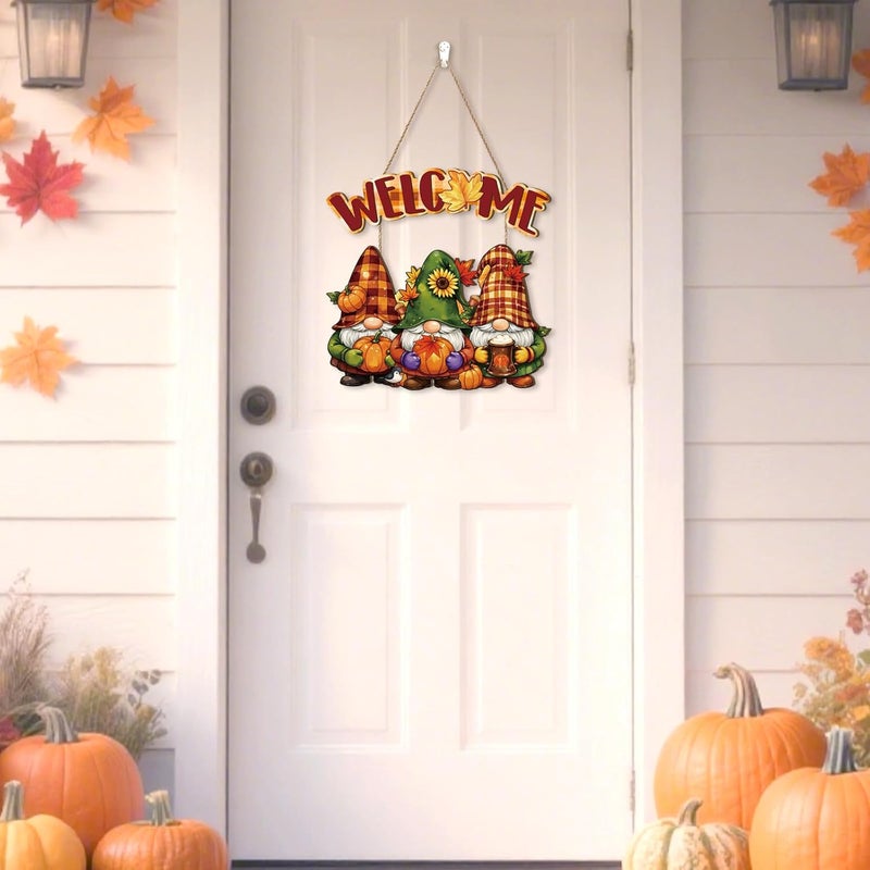 Aurlan Fall Welcome Door Sign,Hello Autumn Gnome Wooden Sign,Rustic Pumpkin Wood Wall Sign,Fall Gnome Wall Decor,Autumn Maple Leaves Door Hanging,Welcome Thanksgiving Decor for Farmhouse Porch Yard Home - Image 5