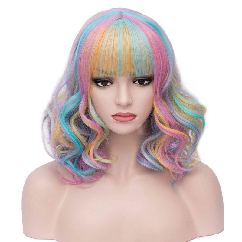 BERON 14 Inches Rainbow Wig Short Curly Wig Women Girls Synthetic Wig Rainbow Wig with Bangs Wig Cap Included