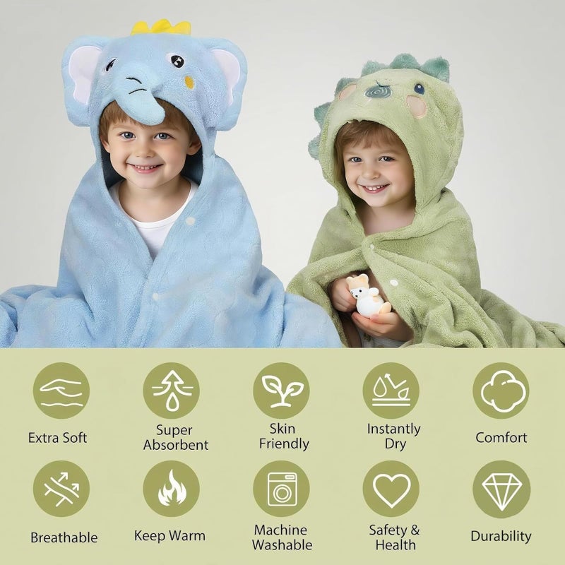 CandyHome 6 PCS Toddler Bath Towel Set for Boy Girl 0-5 Year, 2 PCS Thick Absorbent Hooded Baby Bath Towels Large 55" x 27.5" & 4 PCS Washcloths, Ultra Soft Gifts for Infant, Toddler, Kids, Dinosaur & Elephant - Image 3