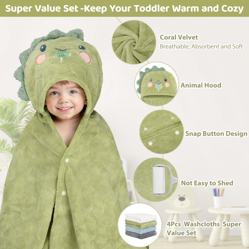 CandyHome 6 PCS Toddler Bath Towel Set for Boy Girl 0-5 Year, 2 PCS Thick Absorbent Hooded Baby Bath Towels Large 55" x 27.5" & 4 PCS Washcloths, Ultra Soft Gifts for Infant, Toddler, Kids, Dinosaur & Elephant - Image 4