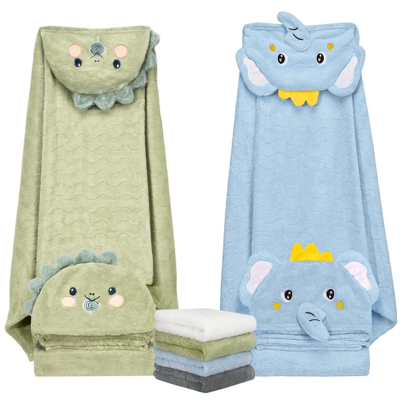 CandyHome 6 PCS Toddler Bath Towel Set for Boy Girl 0-5 Year, 2 PCS Thick Absorbent Hooded Baby Bath Towels Large 55" x 27.5" & 4 PCS Washcloths, Ultra Soft Gifts for Infant, Toddler, Kids, Dinosaur & Elephant - Image 1