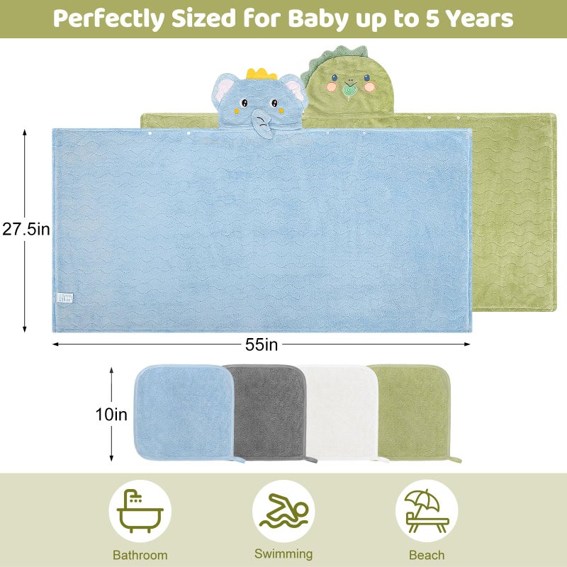 CandyHome 6 PCS Toddler Bath Towel Set for Boy Girl 0-5 Year, 2 PCS Thick Absorbent Hooded Baby Bath Towels Large 55" x 27.5" & 4 PCS Washcloths, Ultra Soft Gifts for Infant, Toddler, Kids, Dinosaur & Elephant - Image 2