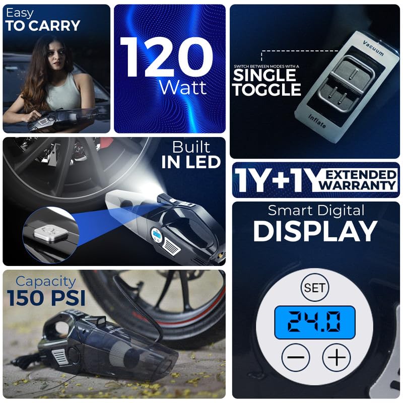 Woscherr AirVac Pro Car Vacuum Cleaner 2in1 & Tyre Inflator for Car and Bike 150 PSI |120 Watt Car Vaccine Cleaner High Power 5500PA Handheld|LED Light| Auto Shut Off| Wet/Dry Use - Image 2