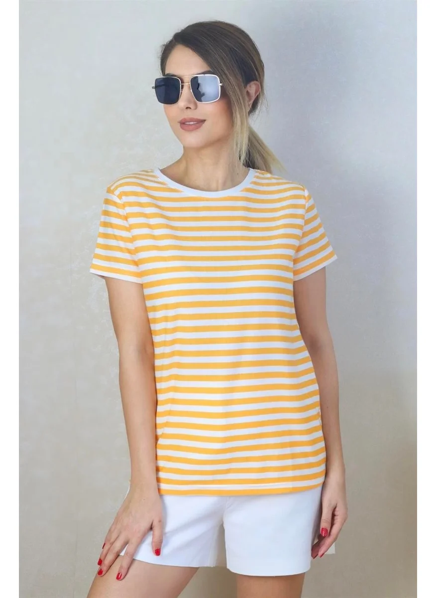 Ritnice Women's Mustard White Striped Basic T-Shirt