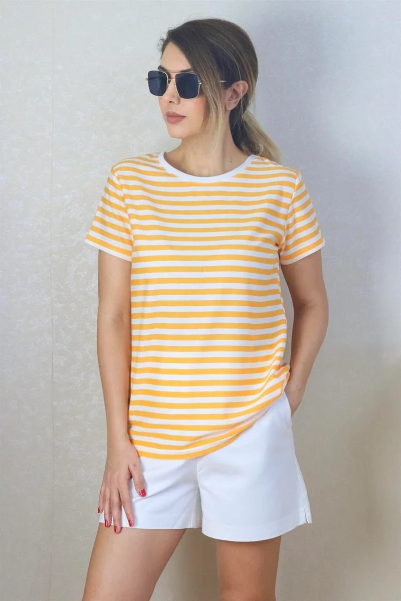 Ritnice Women's Mustard White Striped Basic T-Shirt