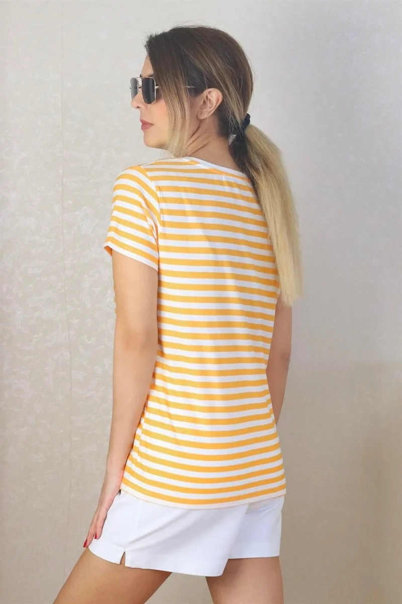Ritnice Women's Mustard White Striped Basic T-Shirt