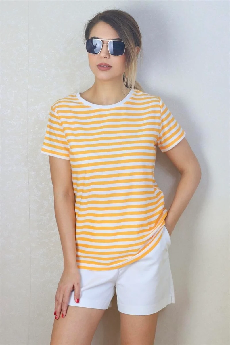 Ritnice Women's Mustard White Striped Basic T-Shirt