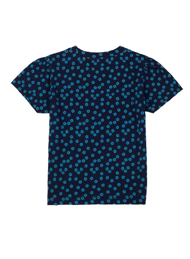 Pranava Girls Organic Cotton Single Jersey Half Sleeves Flower All Over Print Top - Navy Blue 18-24m - Image 3