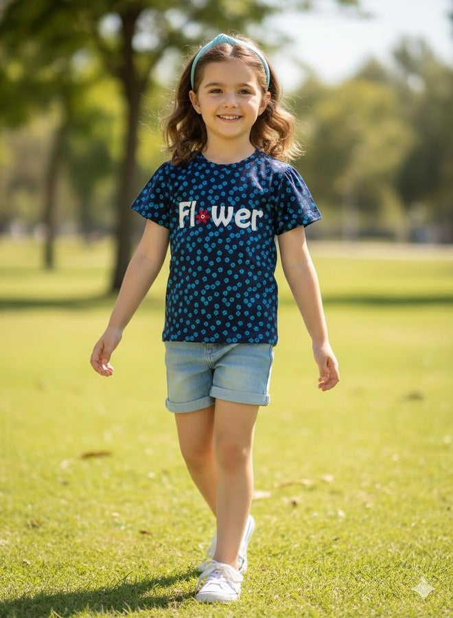Pranava Girls Organic Cotton Single Jersey Half Sleeves Flower All Over Print Top - Navy Blue 18-24m - Image 5