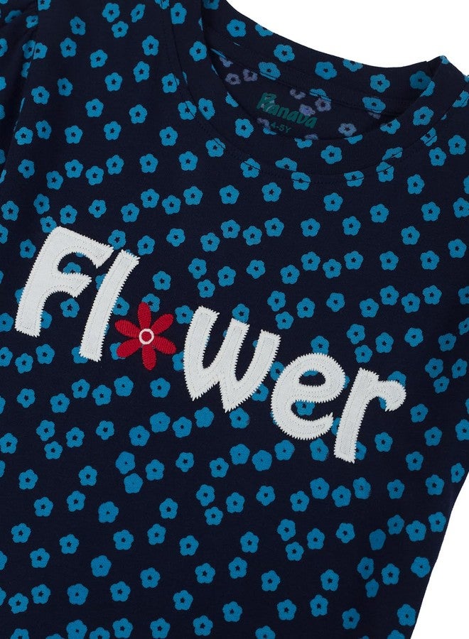 Pranava Girls Organic Cotton Single Jersey Half Sleeves Flower All Over Print Top - Navy Blue 18-24m - Image 4