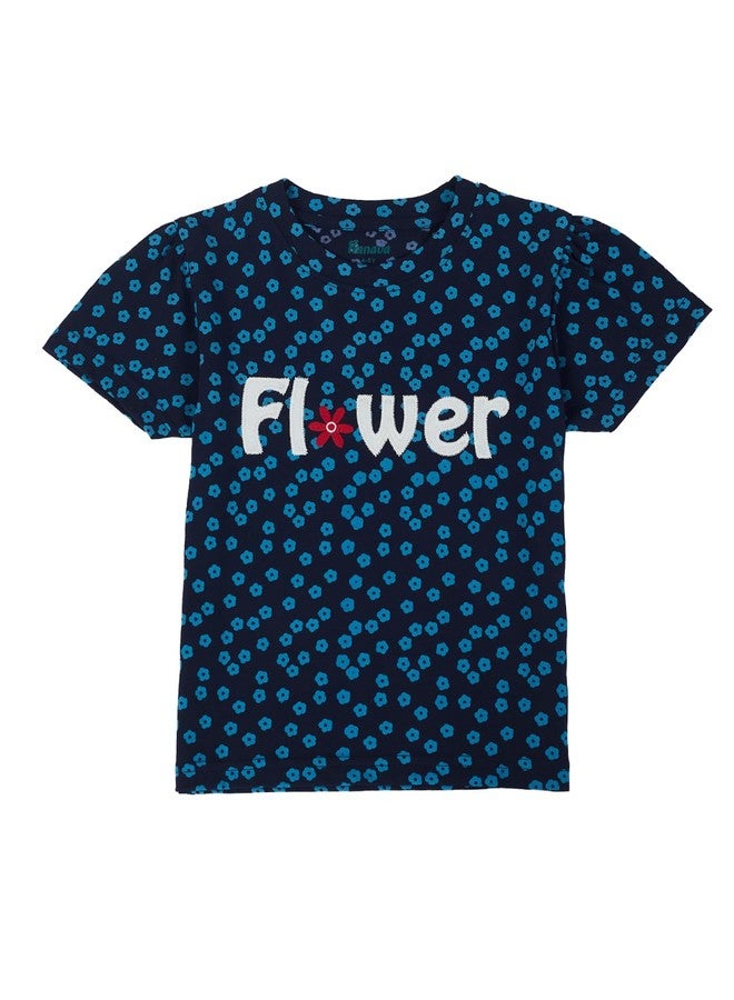 Pranava Girls Organic Cotton Single Jersey Half Sleeves Flower All Over Print Top - Navy Blue 18-24m - Image 2